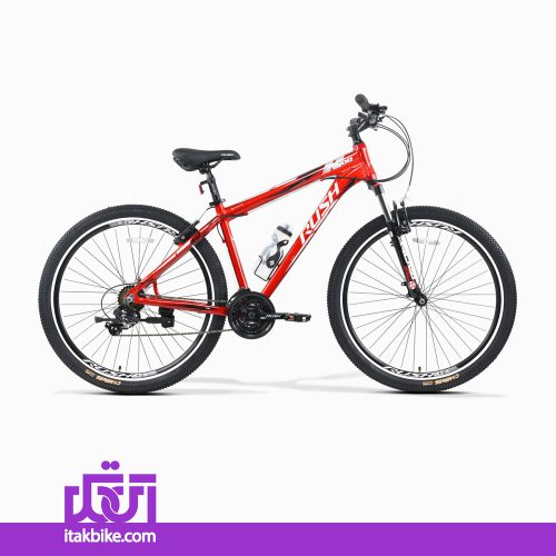 دوچرخه کوهستان برند راش سایز 29 رنگ قرمز ترمز ویبرک بدنه آلومینیومی